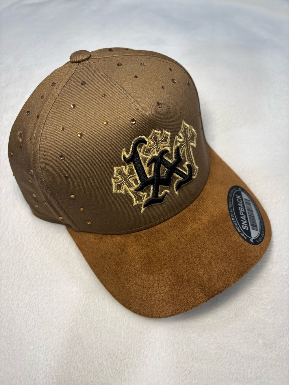 Brown Suede Brim Snapback Hat with Embroidered Crest